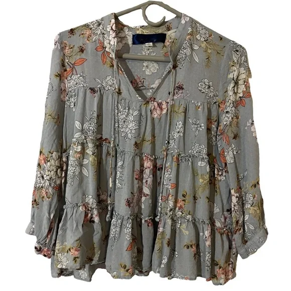 Blue Rain Women's Size S Long Sleeve Blouse Floral Ruffle Cottagecore Tie Neck - Picture 2 of 4